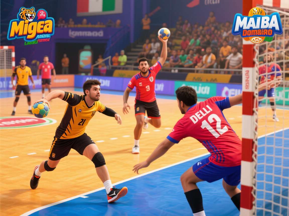 Handball Mania: India Edition gameplay screenshot showing a match between Mumbai and Delhi teams